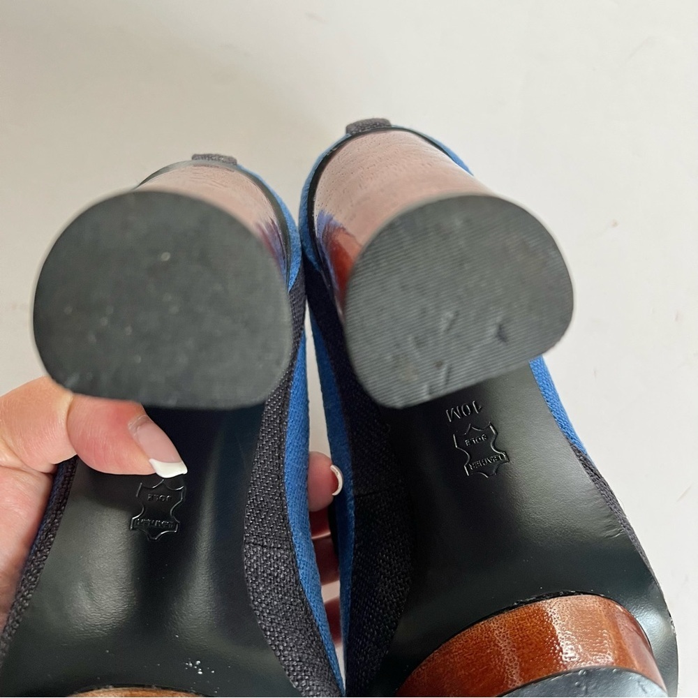 Tory Burch Joelle Blue Striped Wood Platform Wood Heel Fabric Pumps - Picture 10 of 15